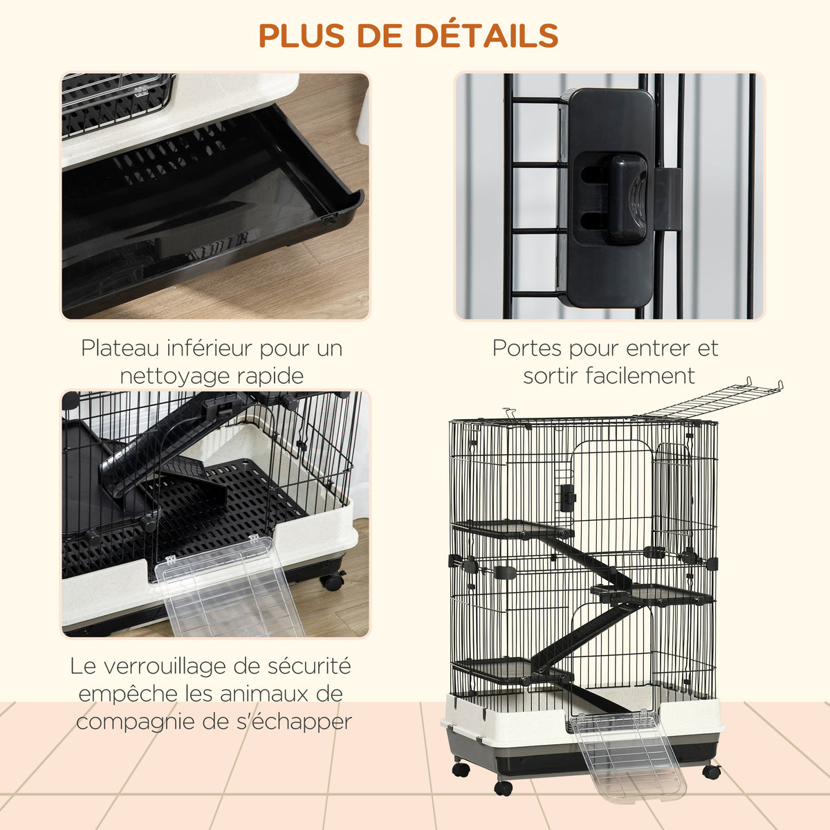 Cage pour petits animaux roulante 3 plates-formes démontables 3 rampes plateau inférieur amovible métal PP 81,2 x 52,7 x 114 cm noir