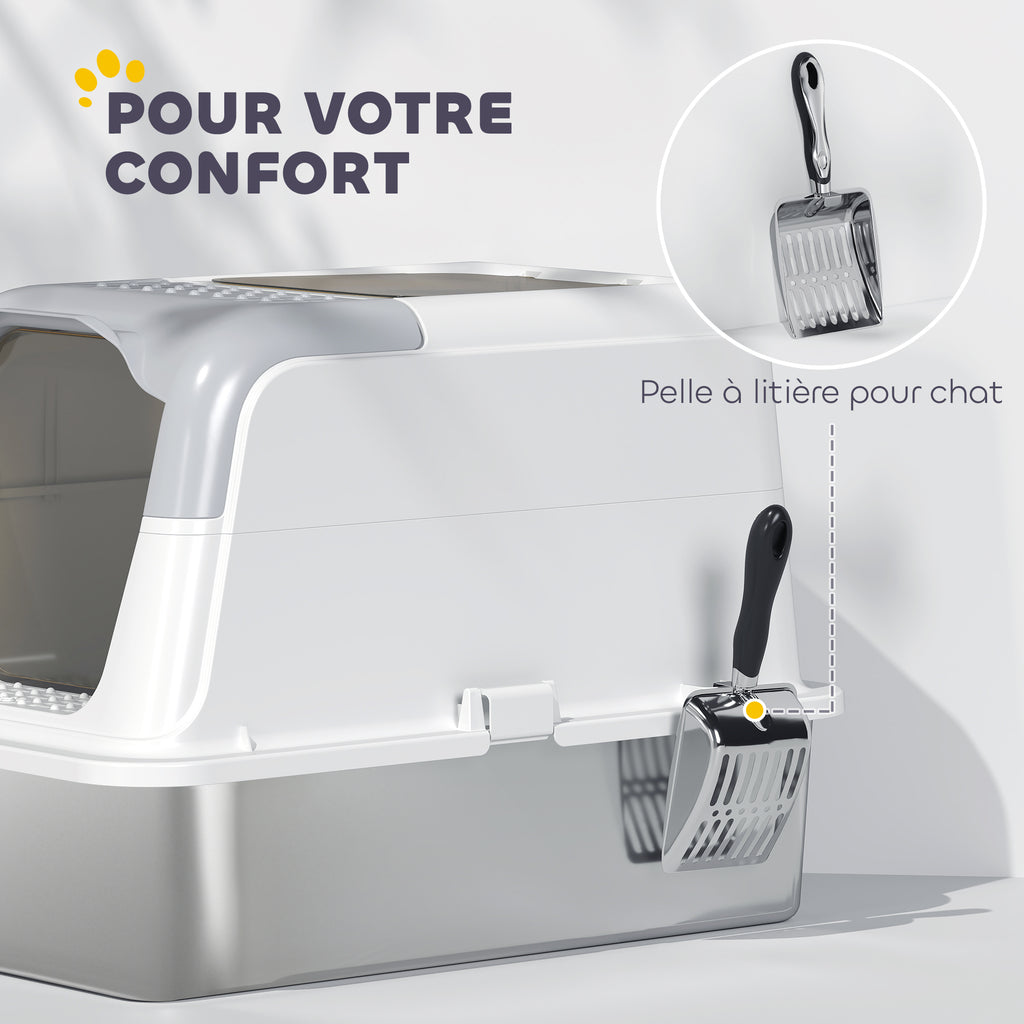 Maison de toilette pour chat bac à litière fermé bac acier inoxydable, nettoyage facile, 60,4 x 40,4 x 41,8 cm, blanc