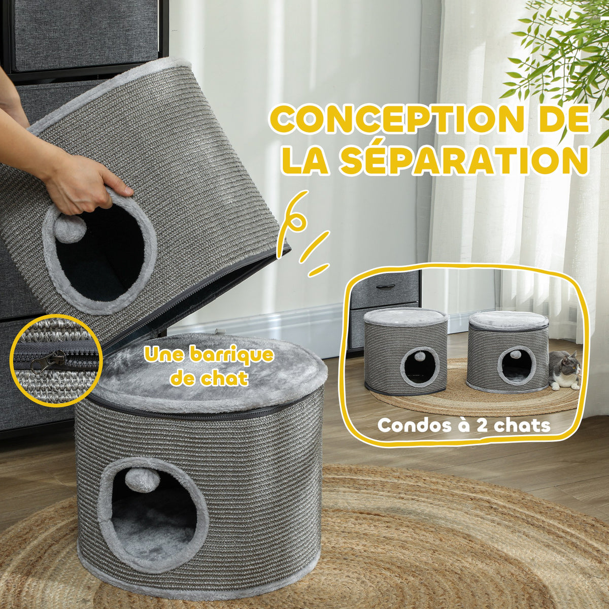 Tour pour chat modulable tonneau griffoir chat avec fermeture éclair séparable 3 niveaux deux balles Ø 42 x 69H cm gris-3
