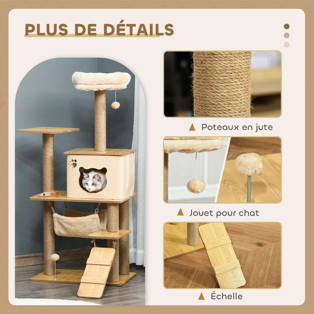 Arbre à chat tour de jeux pour chat, platesformes, niche, lit, hamac, échelle et griffoirs en jute 60x40x130cm jaune