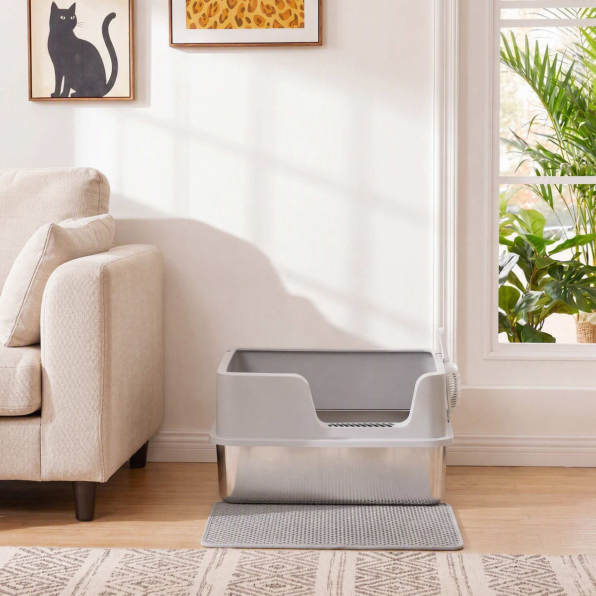 Bac Litière pour Chat en INOX Couvercle Bords Hauts Pelle et Tapis Anti-Adhérent Anti-Odeurs 60x40x30cm Gris Clair