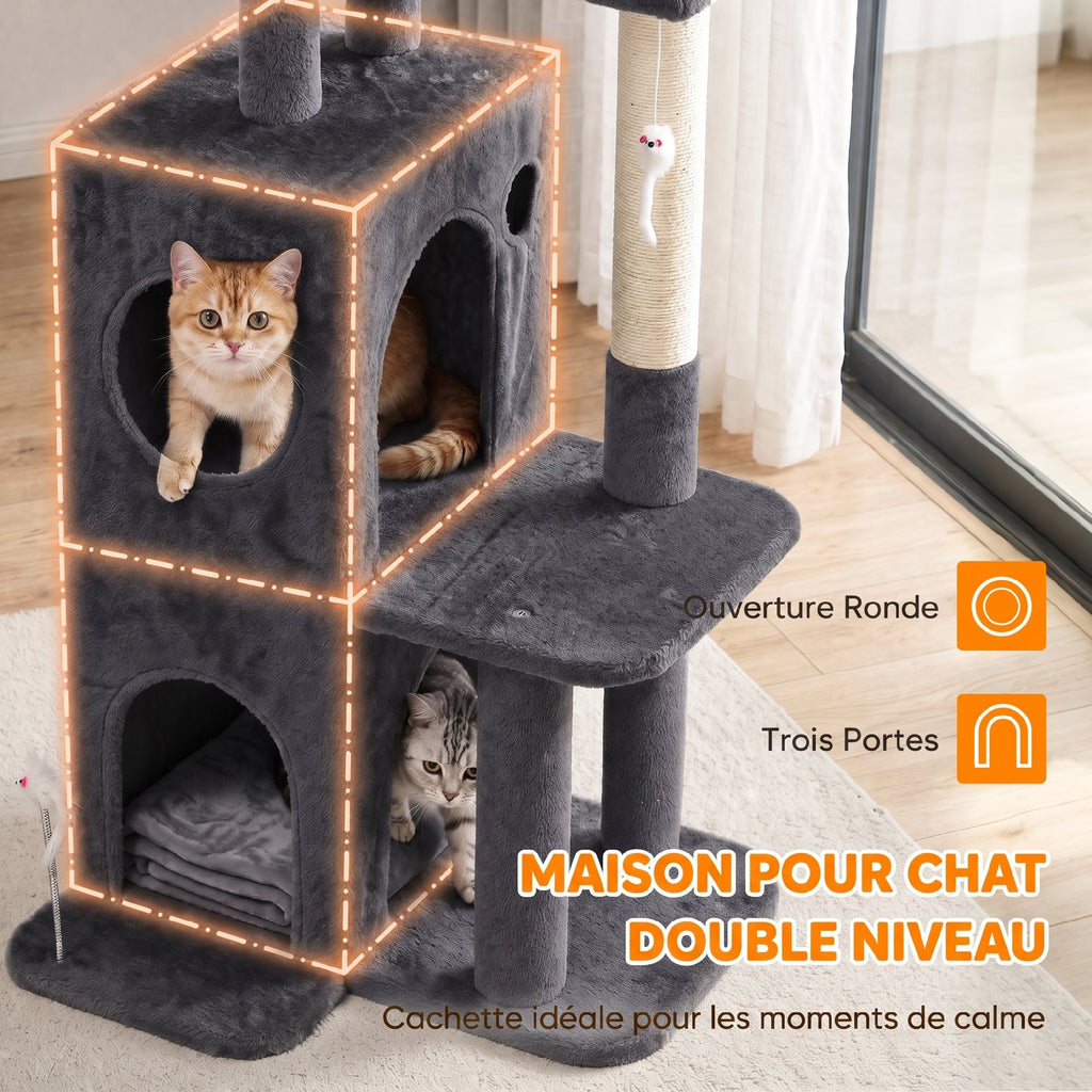 Arbre à Chat 4 Niveaux 132 cm, Niche, Lit, Plateforme, Poteaux à Griffer en Sisal, Jouets Suspendus, Gris Foncé
