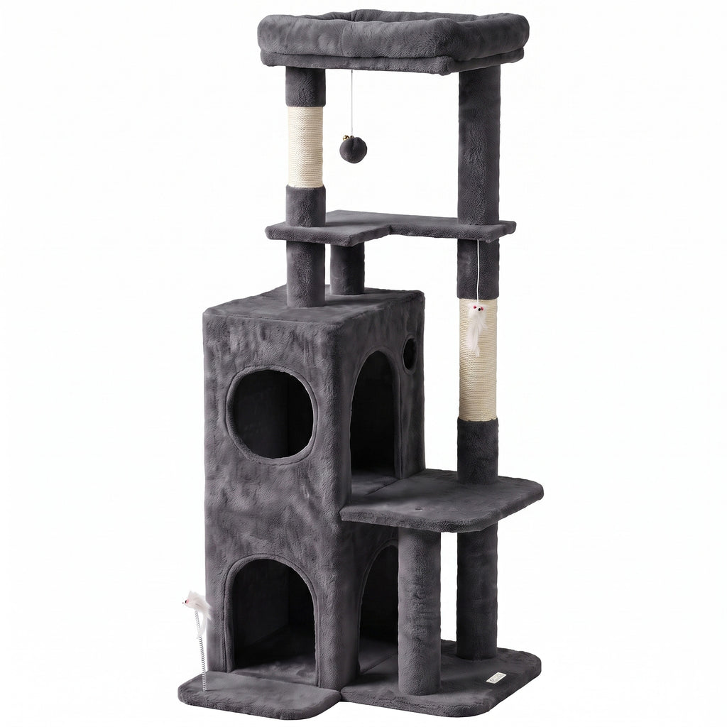Arbre à Chat 4 Niveaux 132 cm, Niche, Lit, Plateforme, Poteaux à Griffer en Sisal, Jouets Suspendus, Gris Foncé