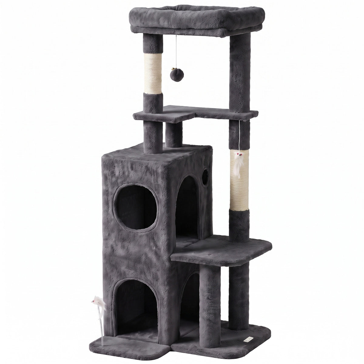 Arbre à Chat 4 Niveaux 132 cm, Niche, Lit, Plateforme, Poteaux à Griffer en Sisal, Jouets Suspendus, Gris Foncé