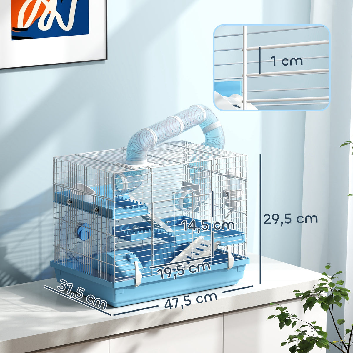 Cage pour hamster portable avec cabane, roue de course, gamelle, bouteille d'eau, 47,5 x 31,5 x 29,5 cm, bleu clair
