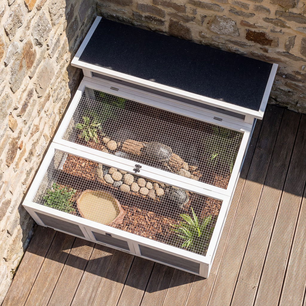 Maison Tortue Terrestre Habitat 2 Zones avec Double Toit Ouvrant Bitumé et Grillagé Fenêtre 113x106,5x44,5cm Gris Foncé