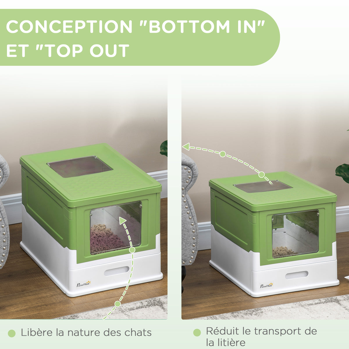 Maison de toilette pour chat pliable double porte battante et supérieure pelle fourni 47,5 x 35,5 x 36,7 cm vert avocat