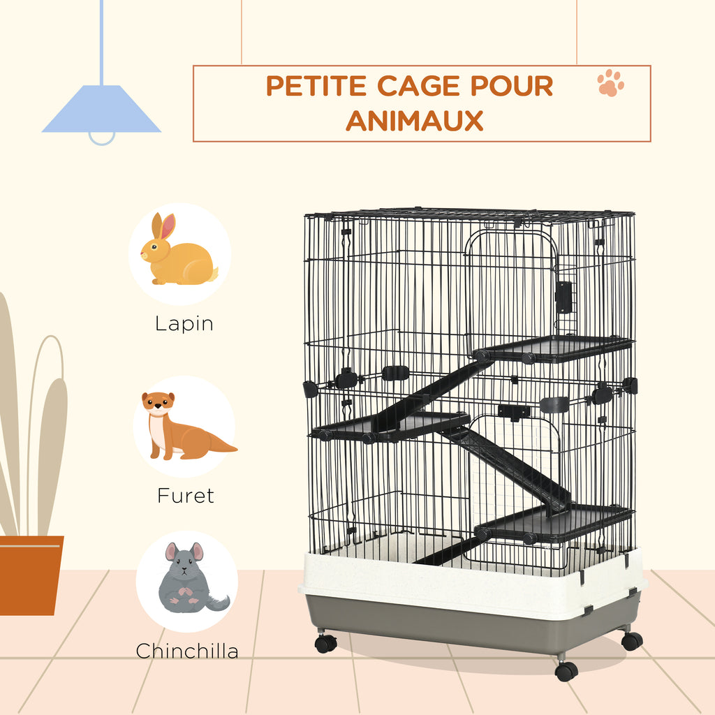 Cage pour petits animaux roulante 3 plates-formes démontables 3 rampes plateau inférieur amovible métal PP 81,2 x 52,7 x 114 cm noir