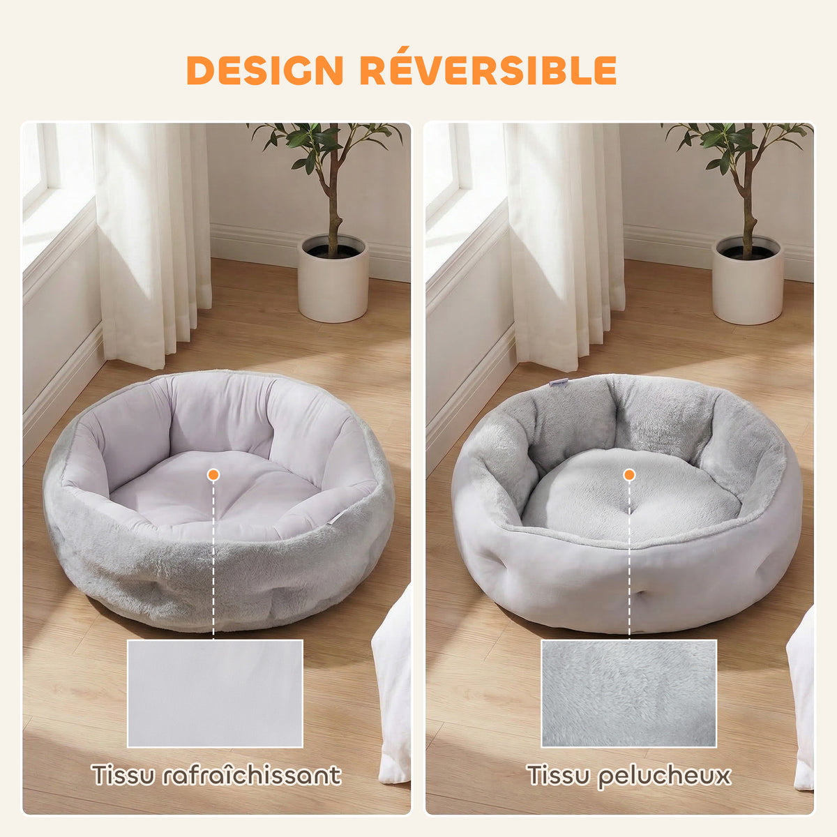 Lit pour chat réversible, lit pour chats d'intérieur et petits chiens, lit rond avec rebord de soutien, gris clair