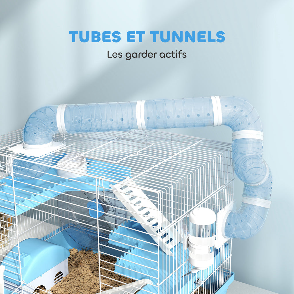 Cage pour hamster portable avec cabane, roue de course, gamelle, bouteille d'eau, 47,5 x 31,5 x 29,5 cm, bleu clair
