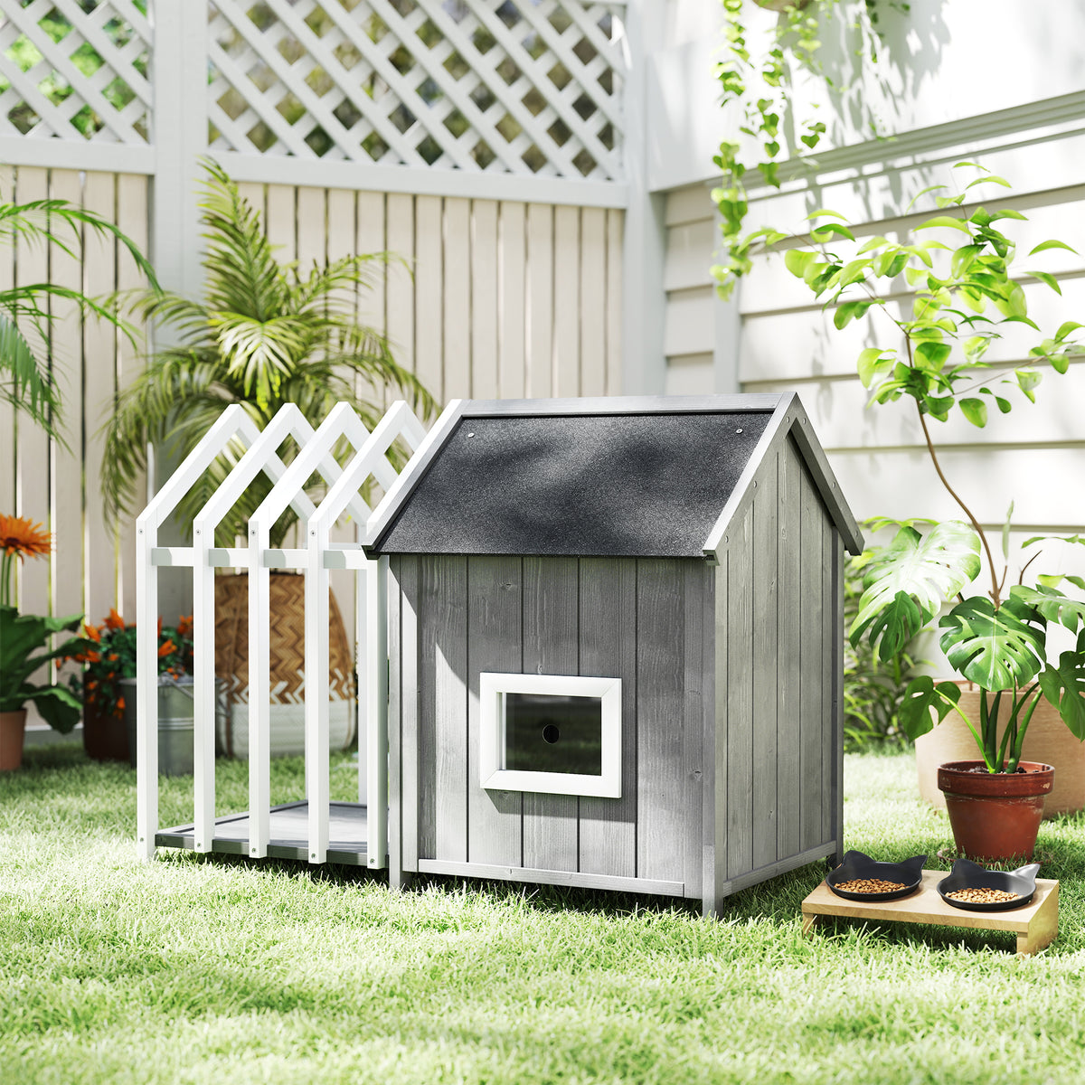 Niche pour chien extérieur en bois maison chien extérieur avec terrasse, porte à lamelles, 106 x 62,5 x 80,5 cm, gris