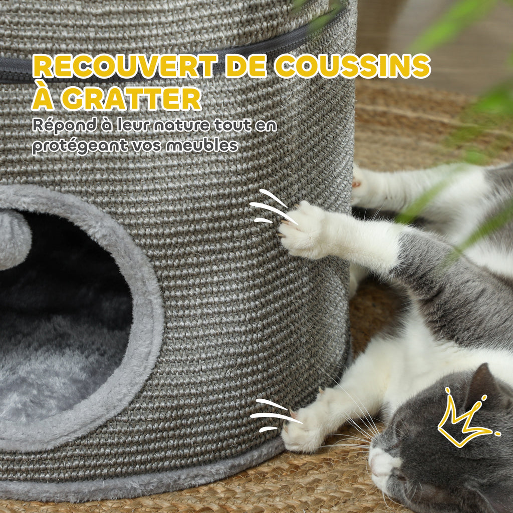 Tour pour chat modulable tonneau griffoir chat avec fermeture éclair séparable 3 niveaux deux balles Ø 42 x 69H cm gris-6
