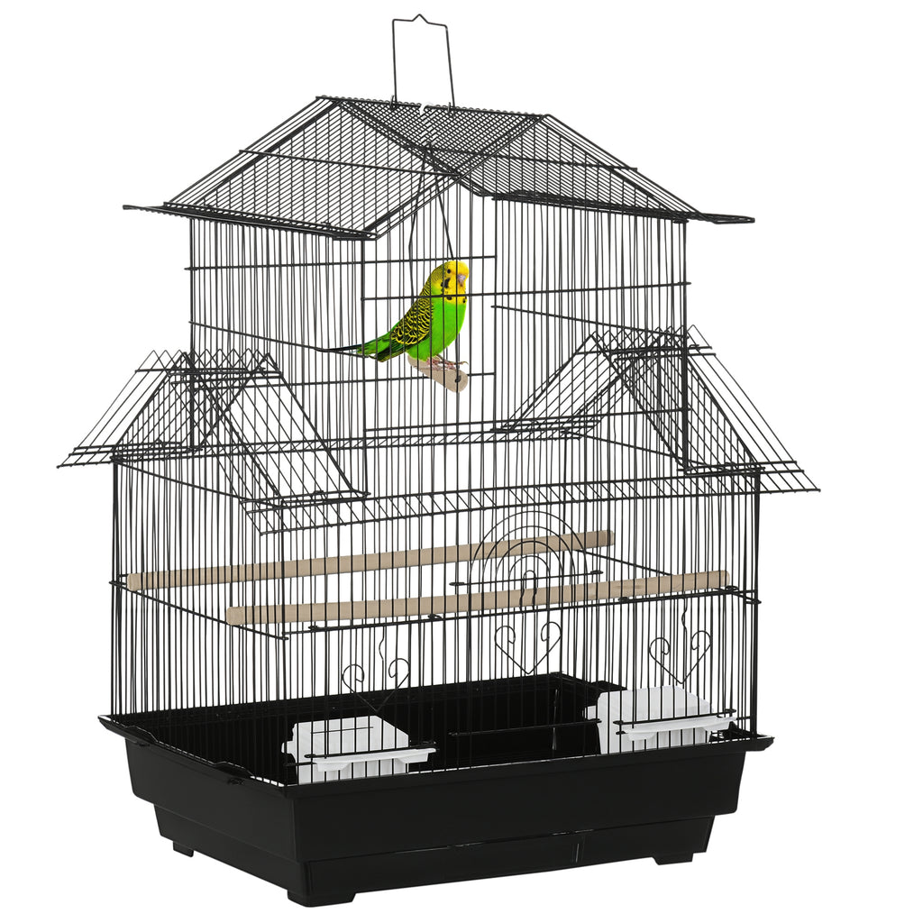 Cage à oiseaux design maison mangeoires perchoirs 3 portes plateau excrément amovible + poignée transport 50,5 x 41 x 63 cm noir