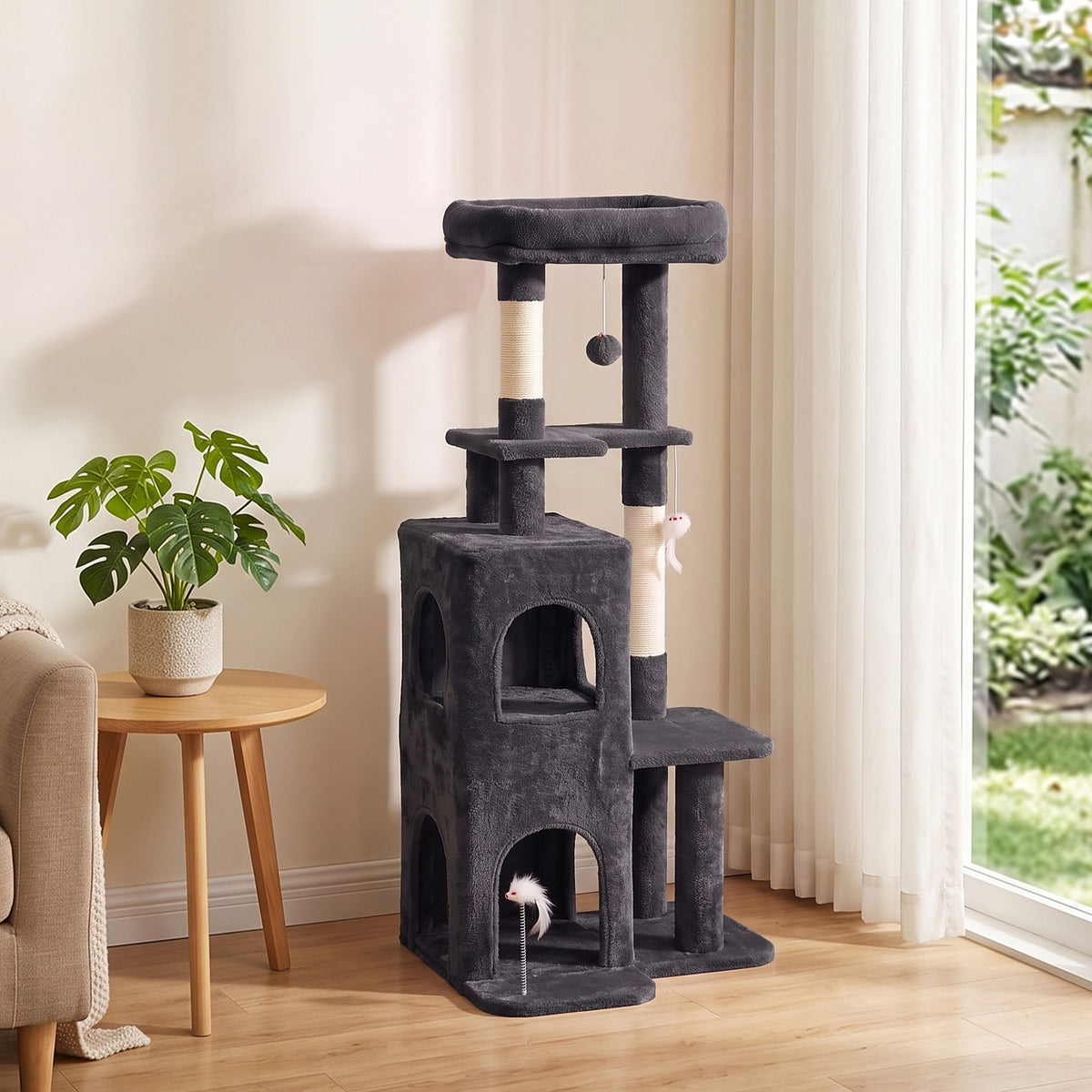 Arbre à Chat 4 Niveaux 132 cm, Niche, Lit, Plateforme, Poteaux à Griffer en Sisal, Jouets Suspendus, Gris Foncé