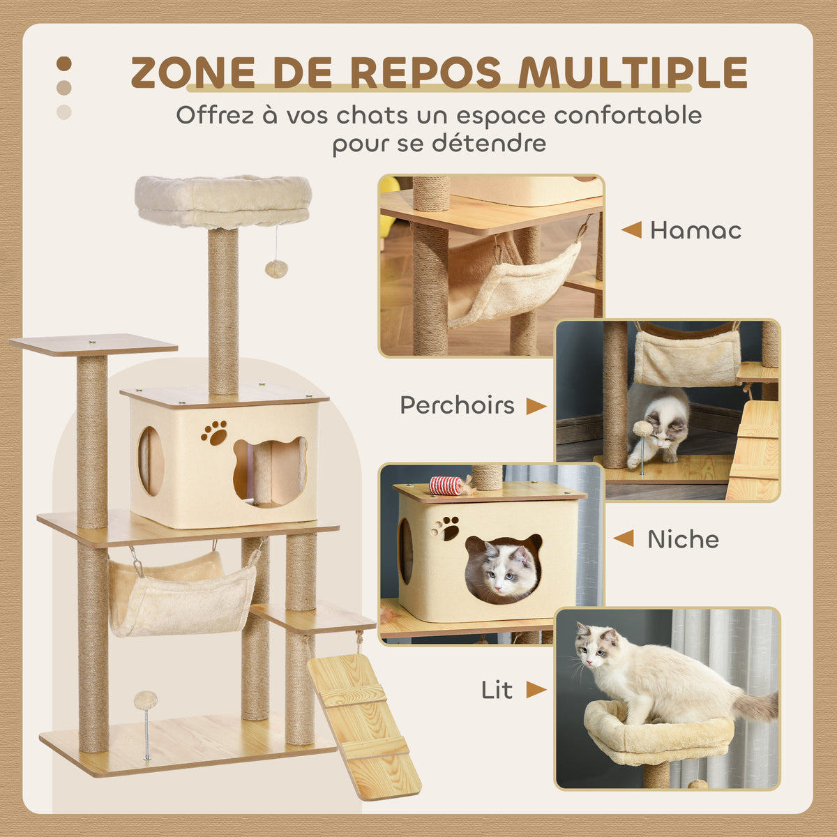 Arbre à chat tour de jeux pour chat, platesformes, niche, lit, hamac, échelle et griffoirs en jute 60x40x130cm jaune
