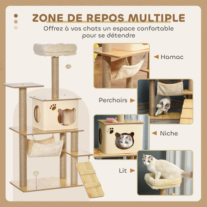 Arbre à chat tour de jeux pour chat, platesformes, niche, lit, hamac, échelle et griffoirs en jute 60x40x130cm jaune