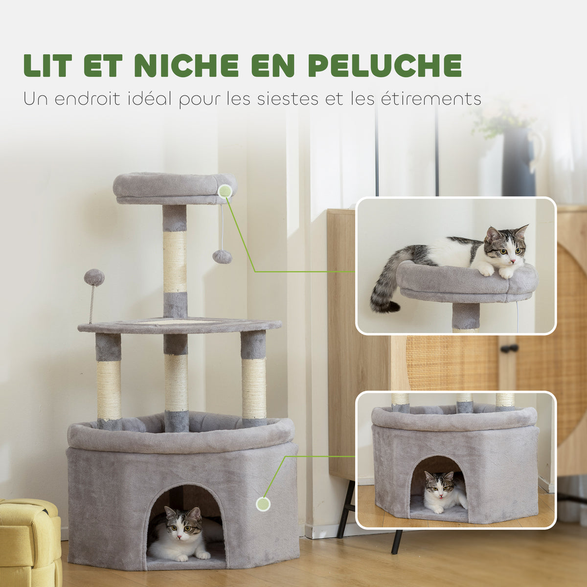Arbre à chat tour de jeux pour chats griffoirs sisal, plate-forme, niche, tissu peluche, balles, 49x49x114cm gris clair