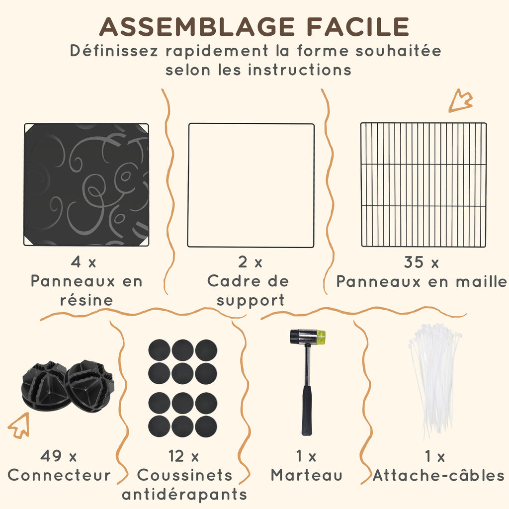 Enclos pour petits animaux, cage à lapin modulable 2 niveaux, 39 panneaux avec rampe, en acier, 140 x 70 x 105 cm, noir