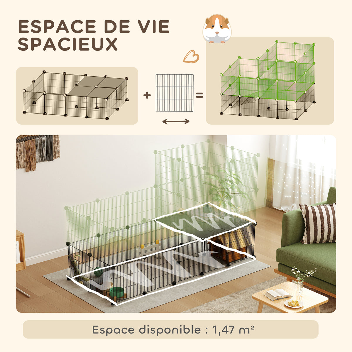 Enclos pour petits animaux, cage à lapin modulable 2 niveaux, 39 panneaux avec rampe, en acier, 140 x 70 x 105 cm, noir