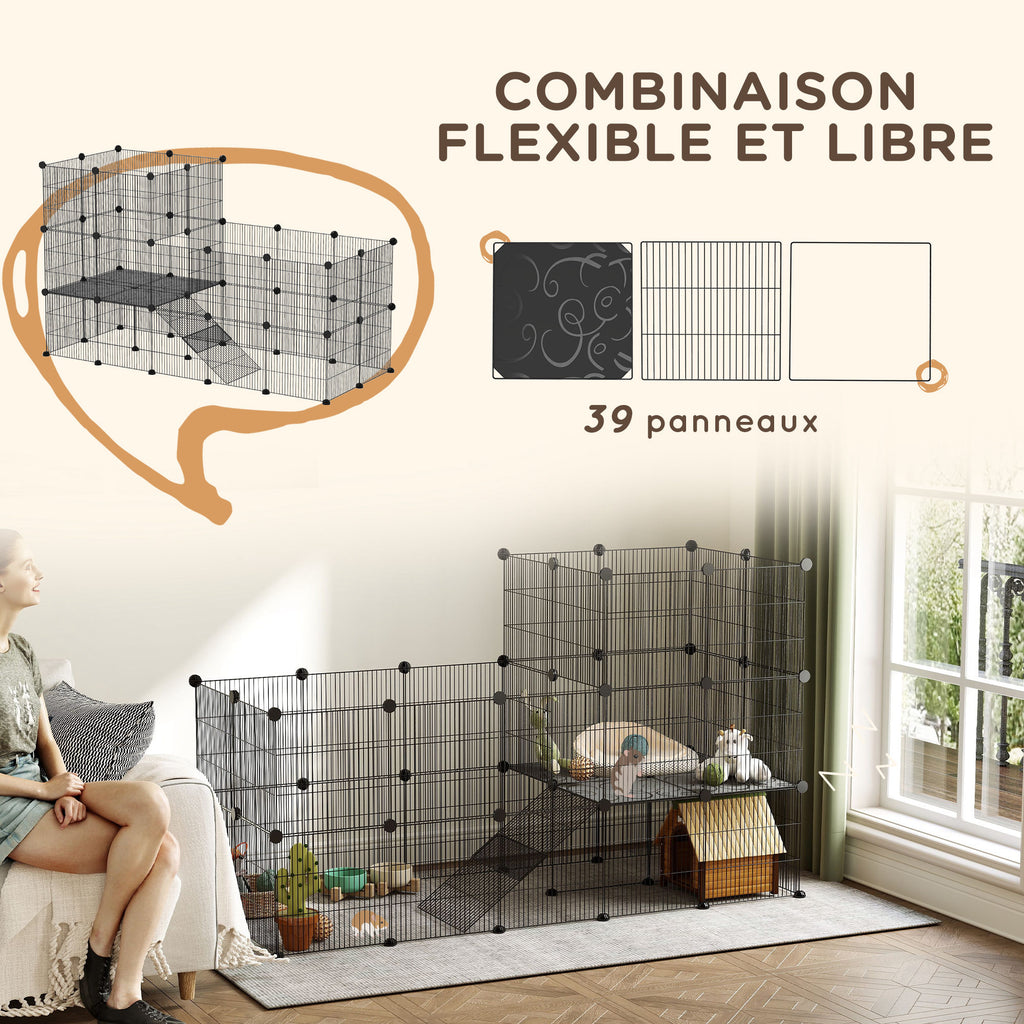 Enclos pour petits animaux, cage à lapin modulable 2 niveaux, 39 panneaux avec rampe, en acier, 140 x 70 x 105 cm, noir