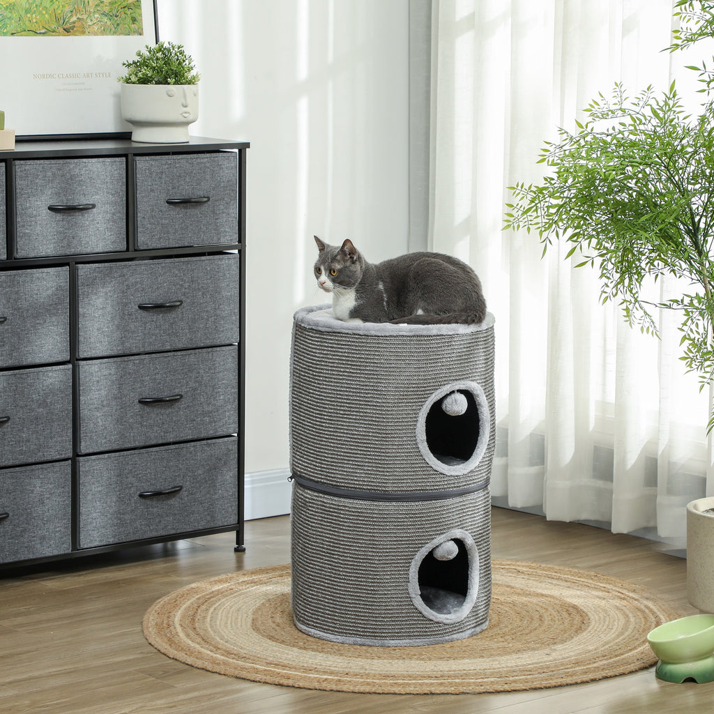 Tour pour chat modulable tonneau griffoir chat avec fermeture éclair séparable 3 niveaux deux balles Ø 42 x 69H cm gris-1
