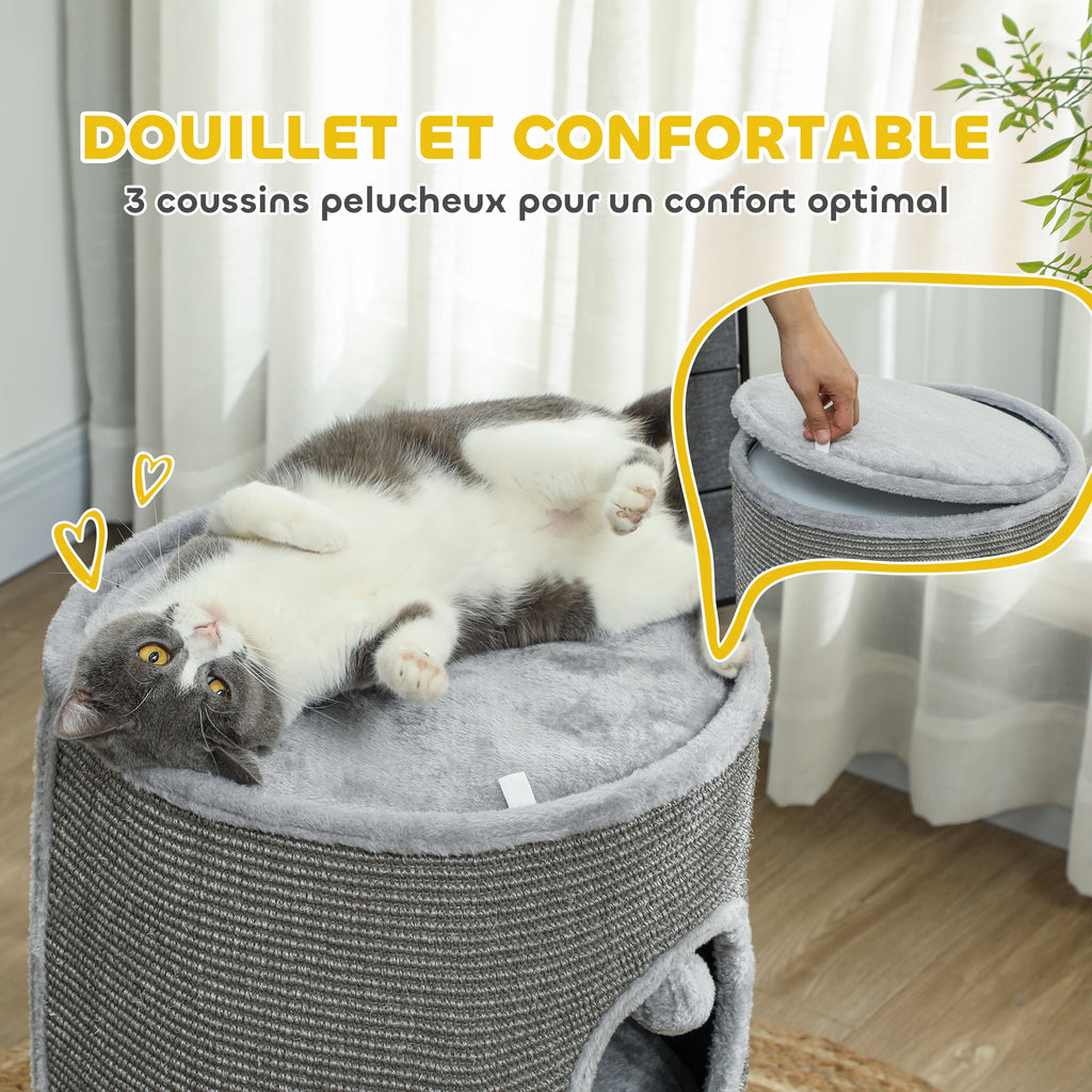 Tour pour chat modulable tonneau griffoir chat avec fermeture éclair séparable 3 niveaux deux balles Ø 42 x 69H cm gris-5