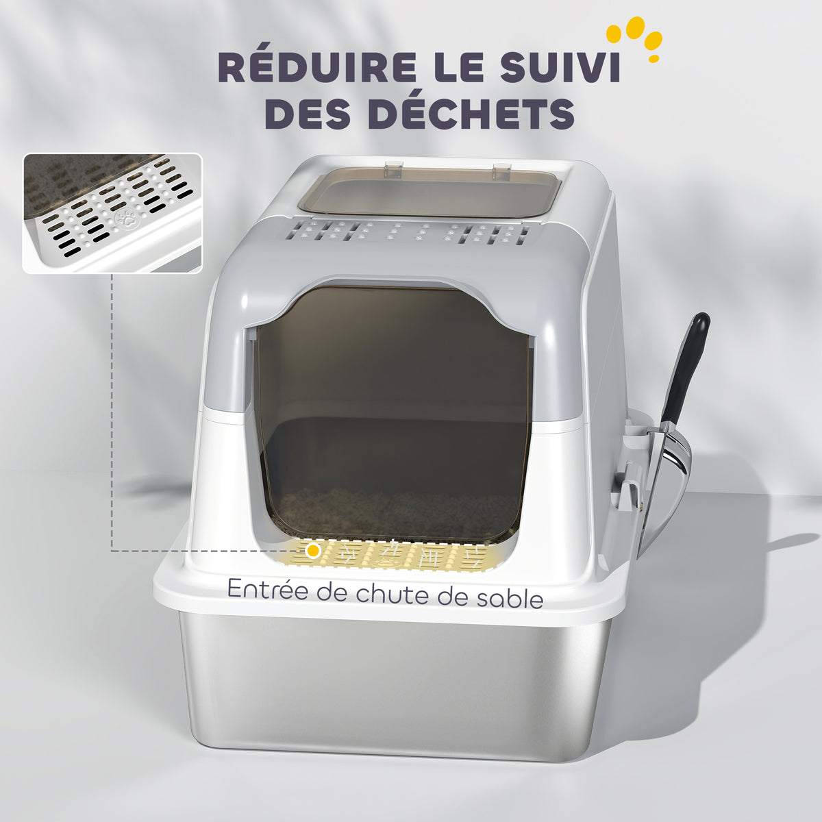 Maison de toilette pour chat bac à litière fermé bac acier inoxydable, nettoyage facile, 60,4 x 40,4 x 41,8 cm, blanc