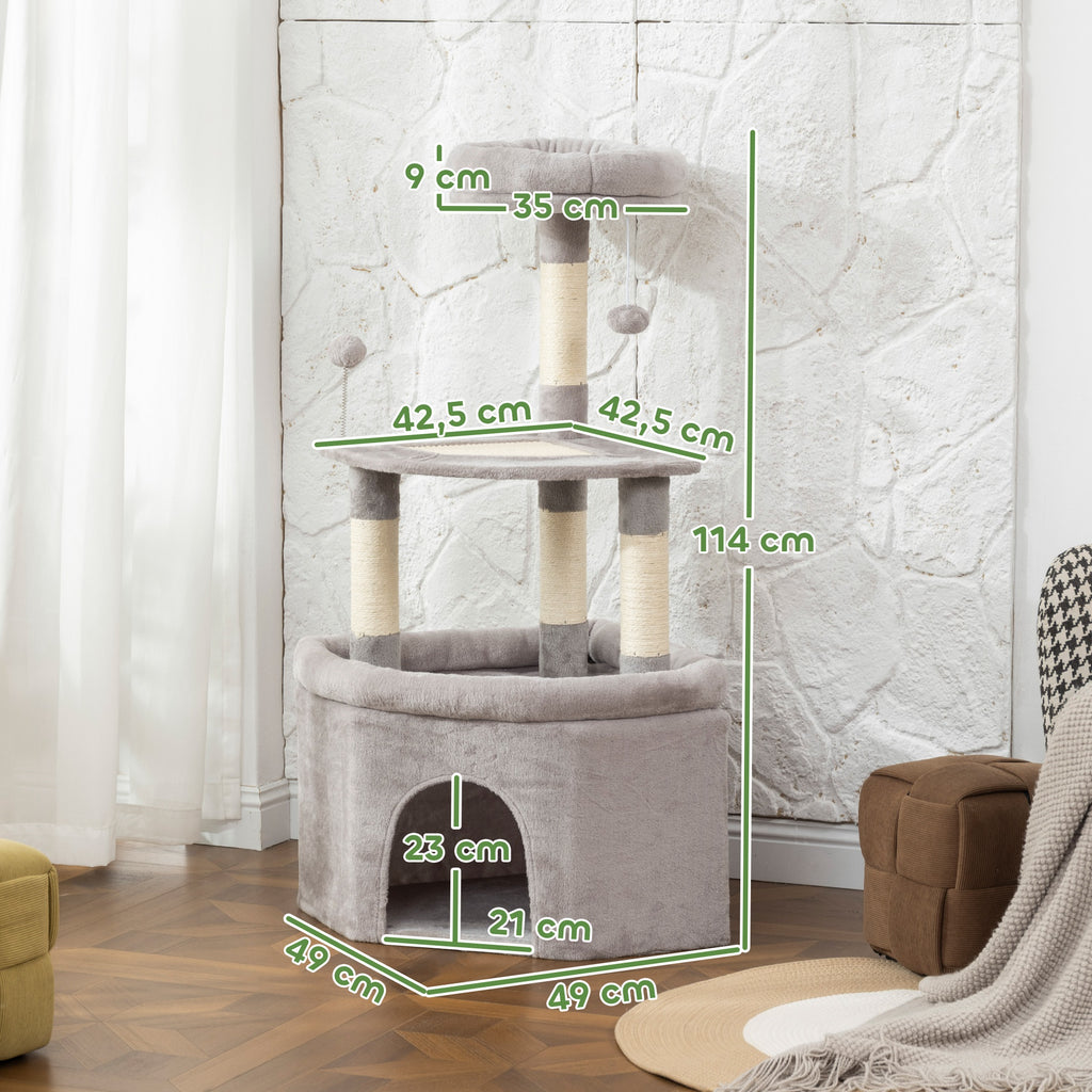 Arbre à chat tour de jeux pour chats griffoirs sisal, plate-forme, niche, tissu peluche, balles, 49x49x114cm gris clair