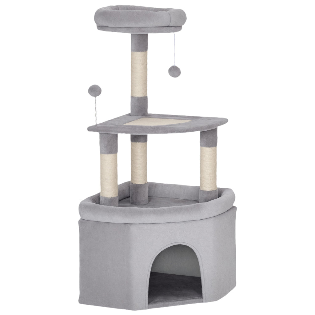 Arbre à chat tour de jeux pour chats griffoirs sisal, plate-forme, niche, tissu peluche, balles, 49x49x114cm gris clair
