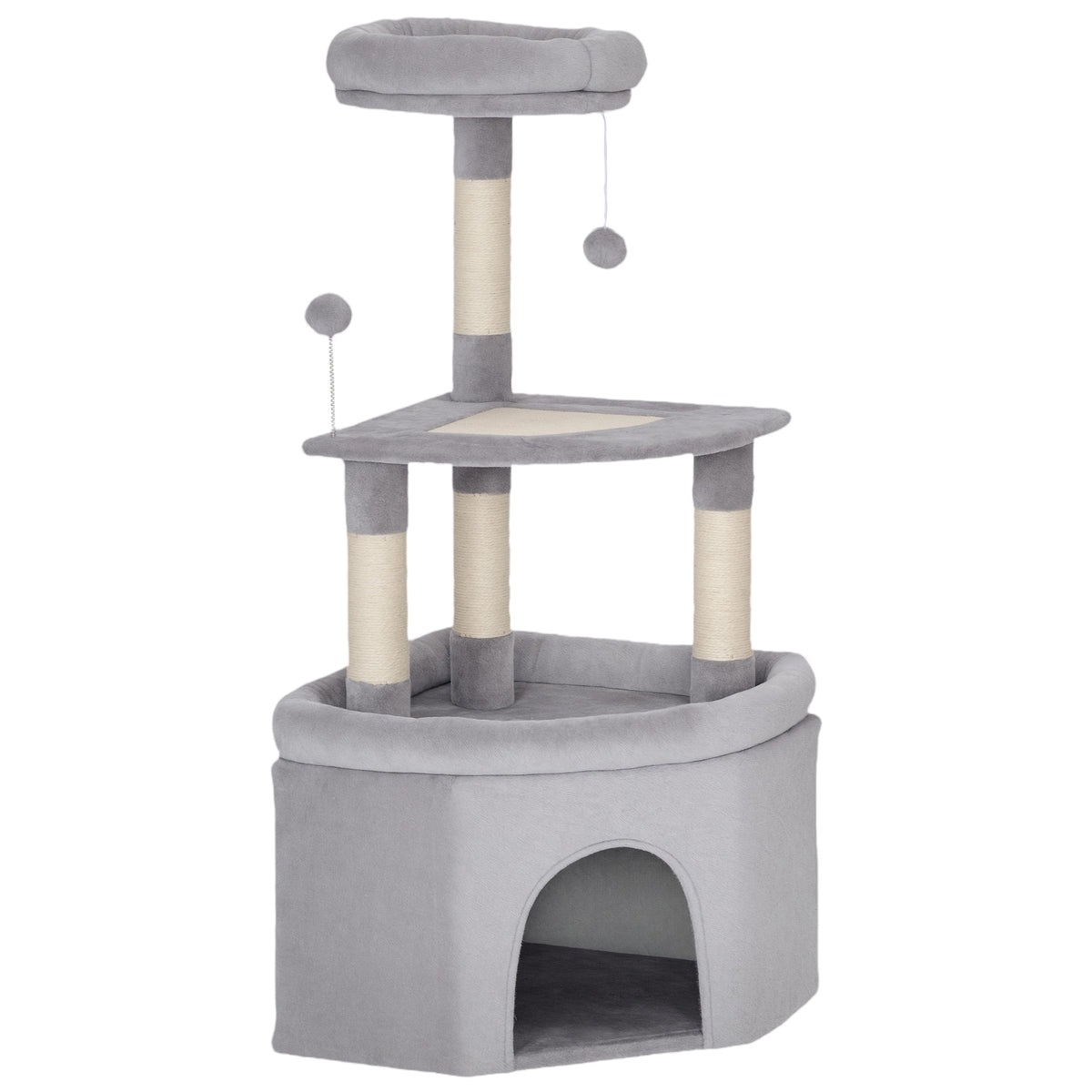 Arbre à chat tour de jeux pour chats griffoirs sisal, plate-forme, niche, tissu peluche, balles, 49x49x114cm gris clair