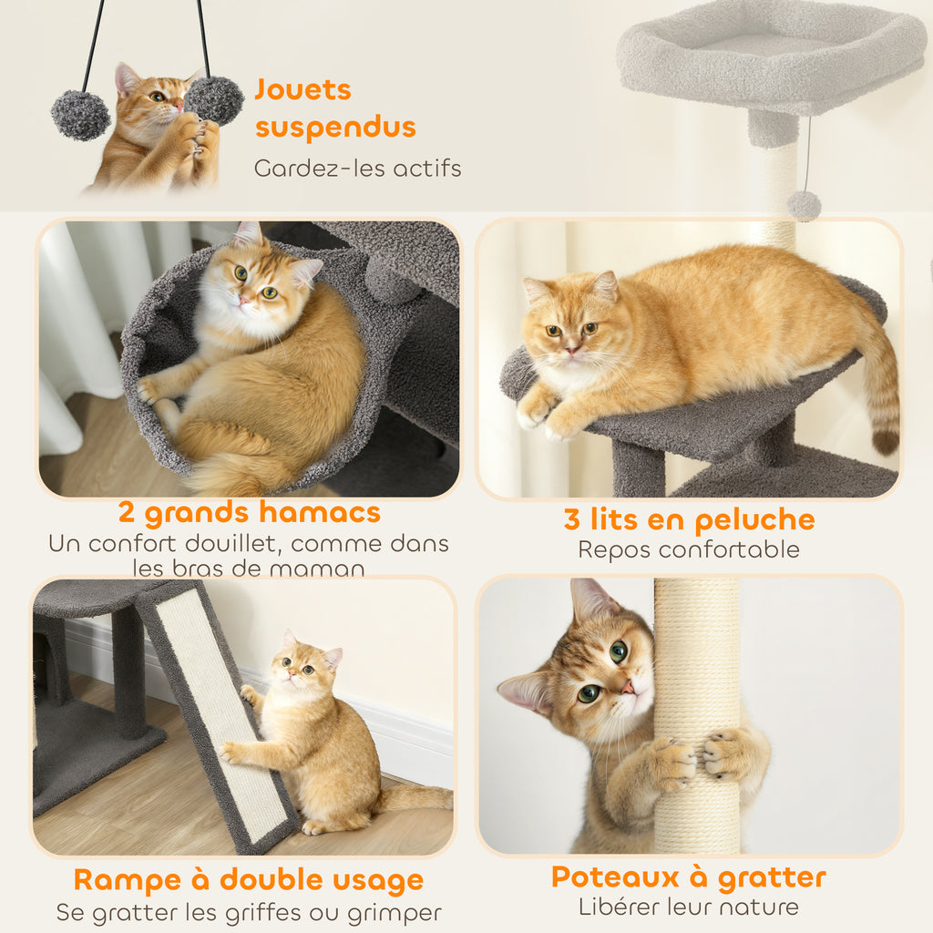 Arbre à chat tour de jeux pour chat avec griffoir 3 lits 2 niches plateformes et 3 jouets suspendus hauteur 174 cm gris