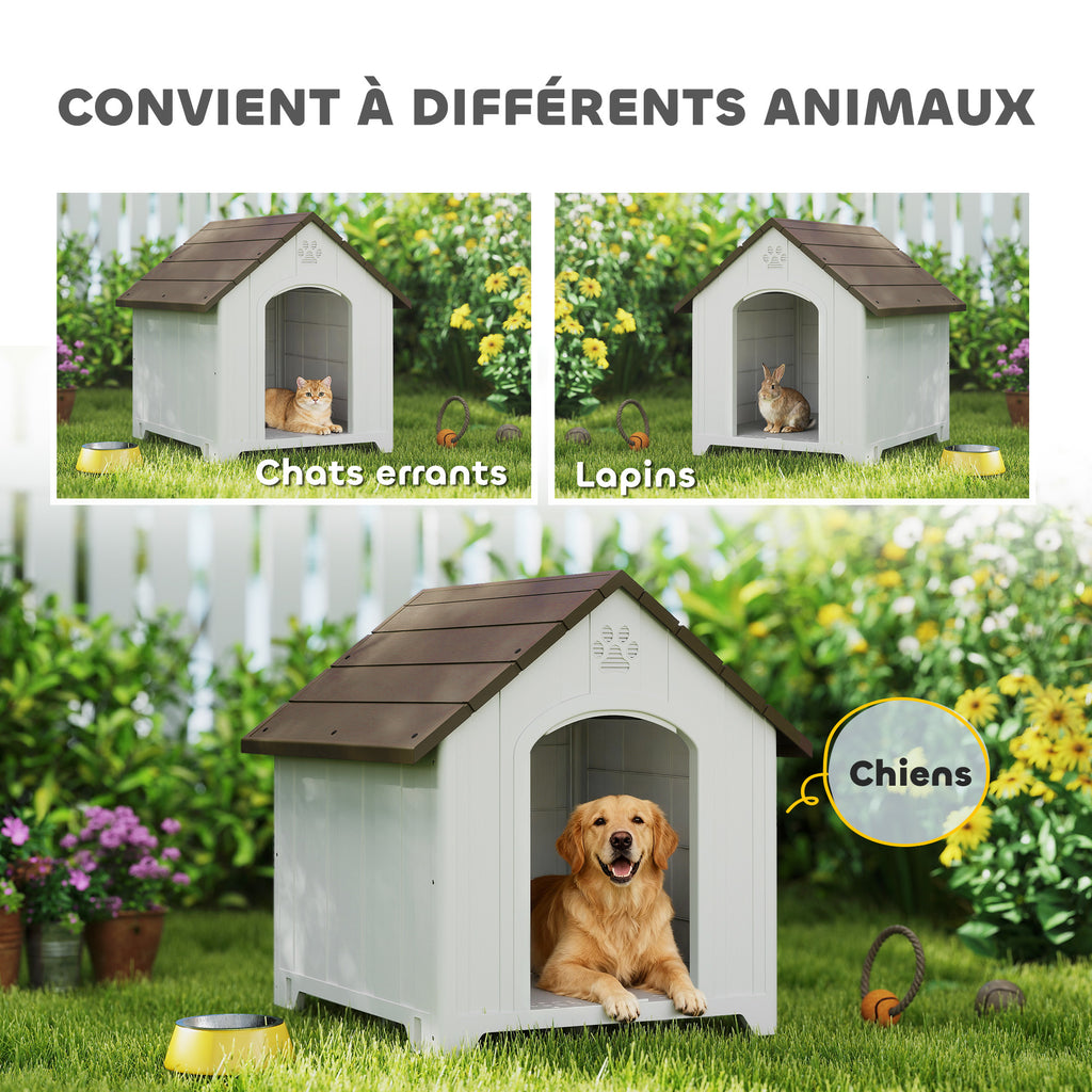 Niche pour chien extérieur, maison chien en polypropylène imperméable, ventilé, plancher surélevé, gris clair
