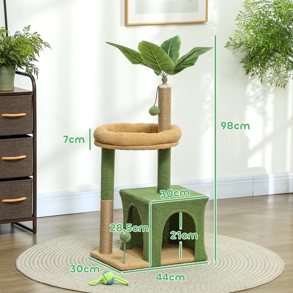 Arbre à chat tour de jeux pour chat avec niche lit griffoirs balles et feuilles artificielles 44 x 30 x 98 cm vert