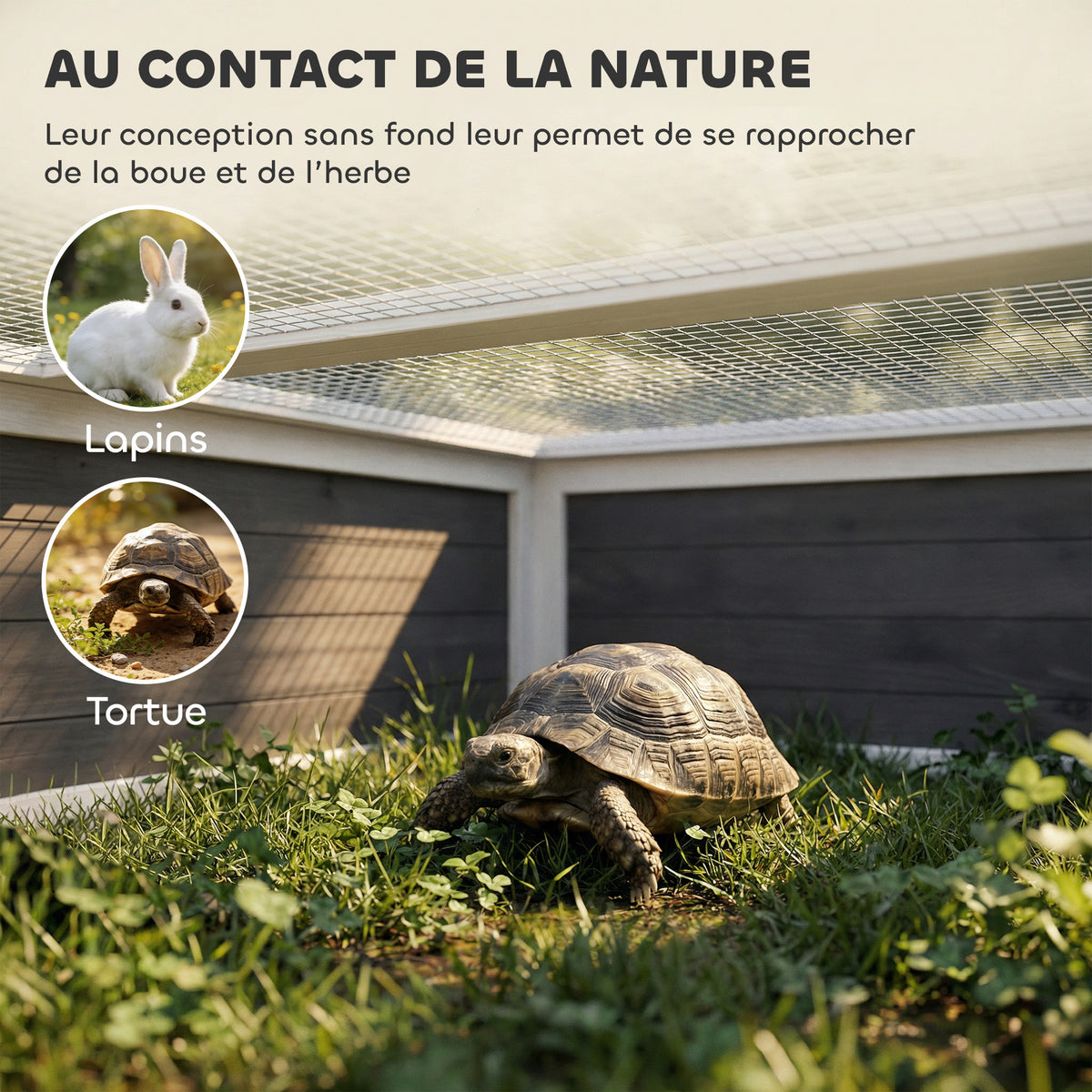 Maison Tortue Terrestre Habitat 2 Zones avec Double Toit Ouvrant Bitumé et Grillagé Fenêtre 113x106,5x44,5cm Gris Foncé