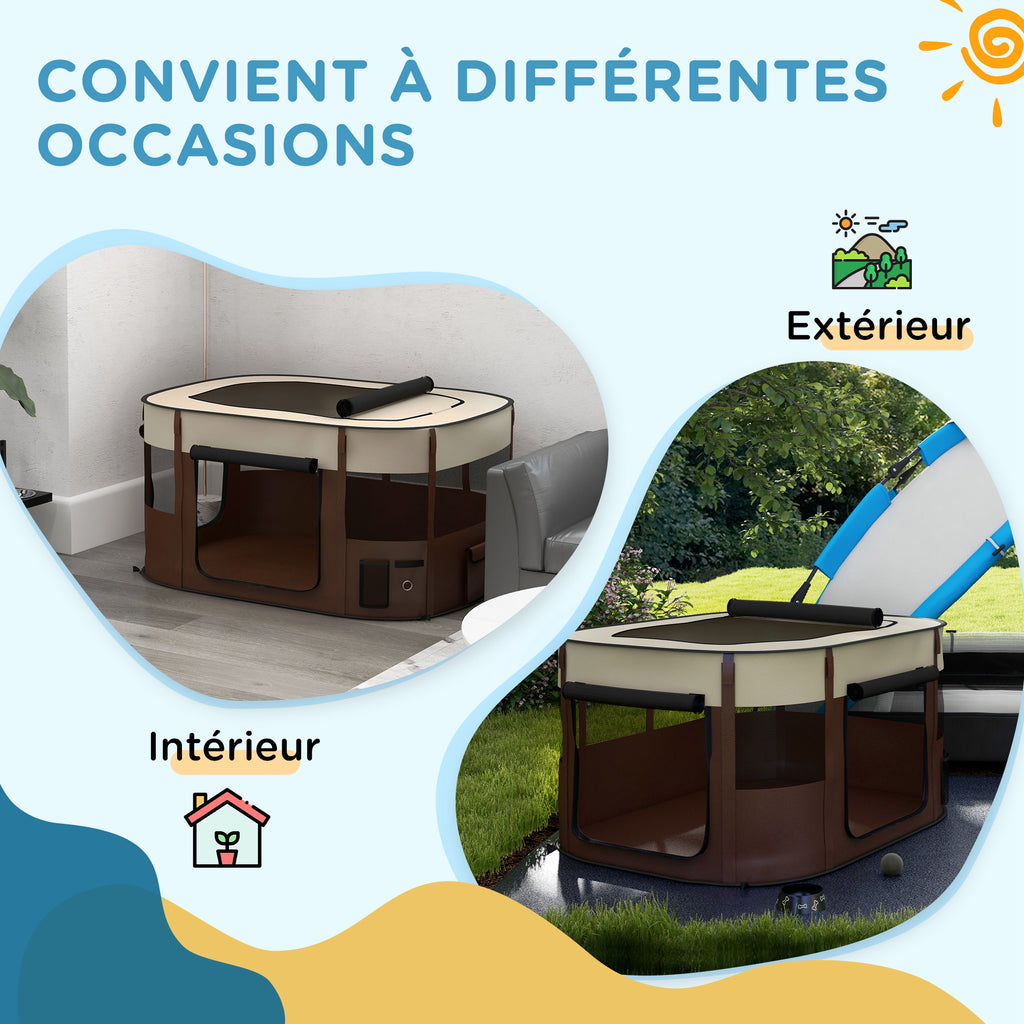 Parc pliable pour animaux de compagnie parc pour chiots en tissu Oxford avec fenêtres et portes sac de rangement marron