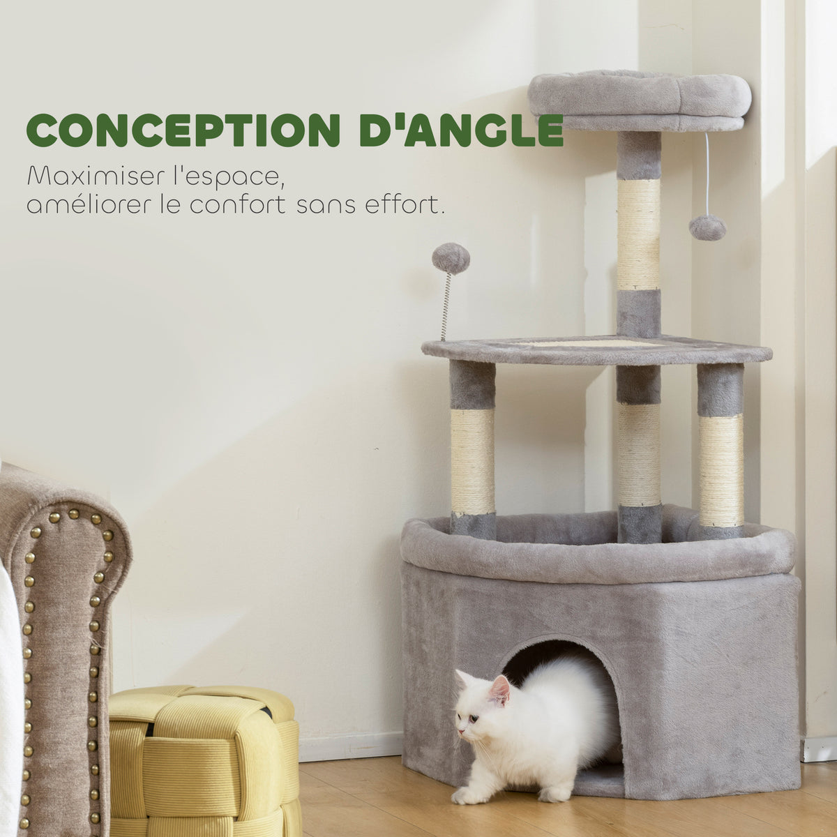 Arbre à chat tour de jeux pour chats griffoirs sisal, plate-forme, niche, tissu peluche, balles, 49x49x114cm gris clair