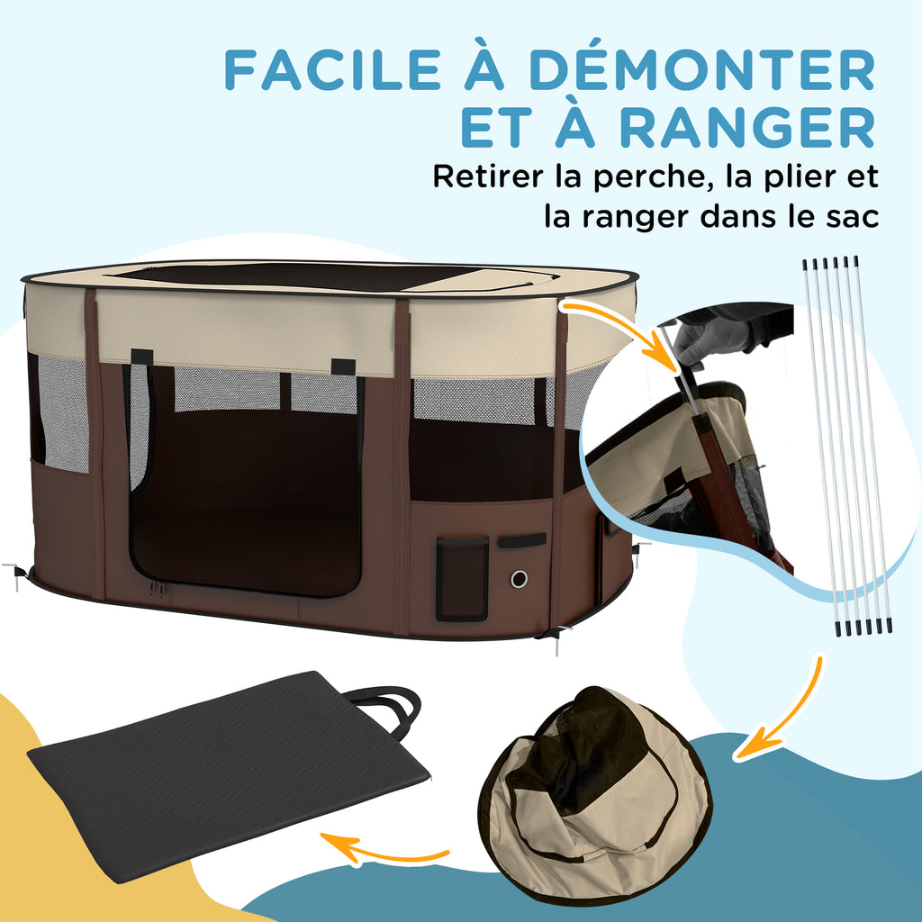 Parc pliable pour animaux de compagnie parc pour chiots en tissu Oxford avec fenêtres et portes sac de rangement marron