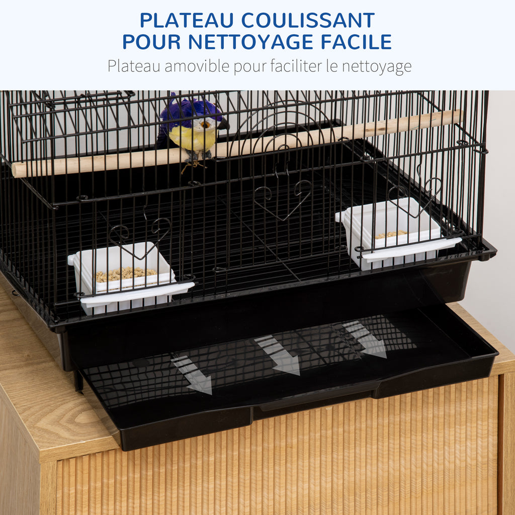 Cage à oiseaux design maison mangeoires perchoirs 3 portes plateau excrément amovible + poignée transport 50,5 x 41 x 63 cm noir