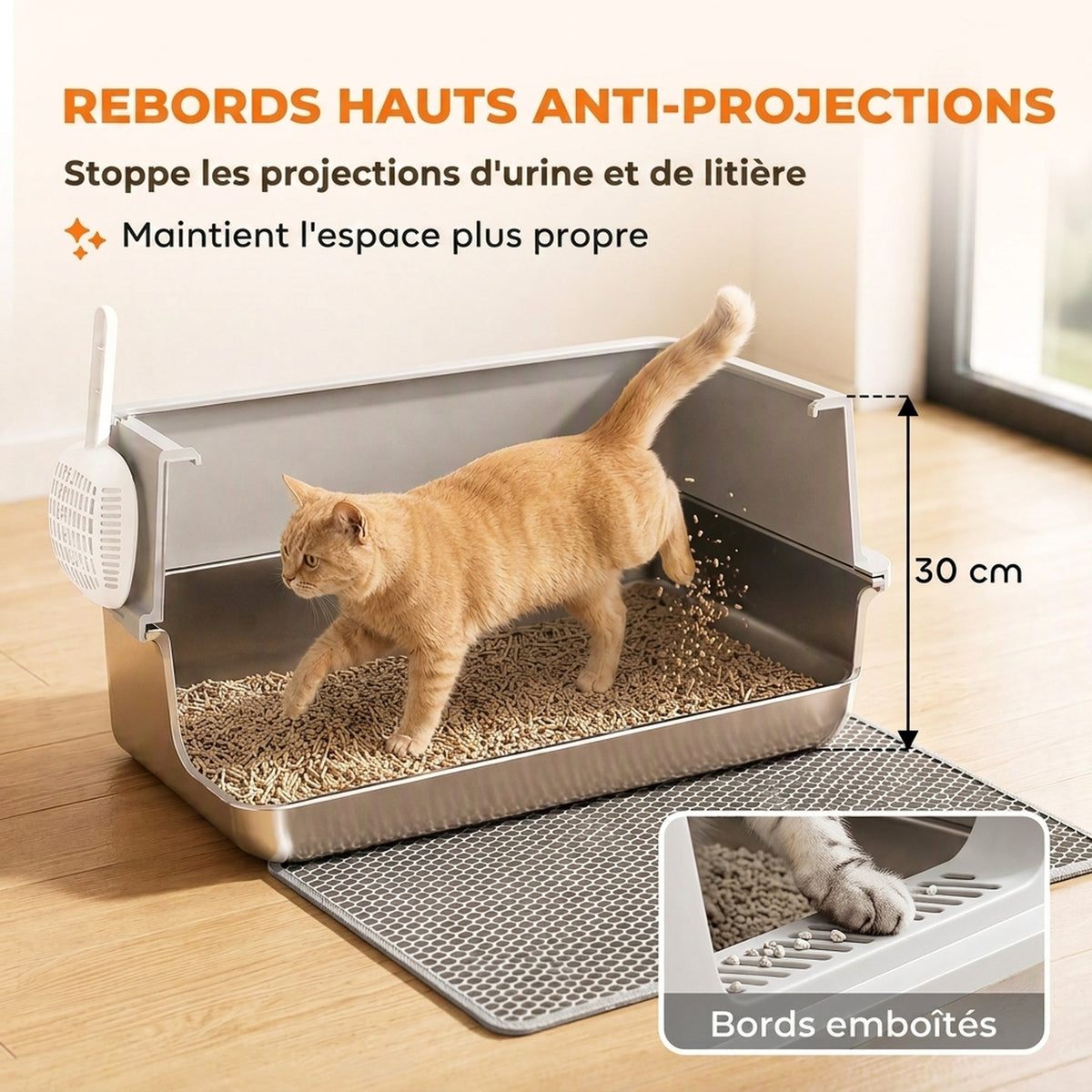 Bac Litière pour Chat en INOX Couvercle Bords Hauts Pelle et Tapis Anti-Adhérent Anti-Odeurs 60x40x30cm Gris Clair