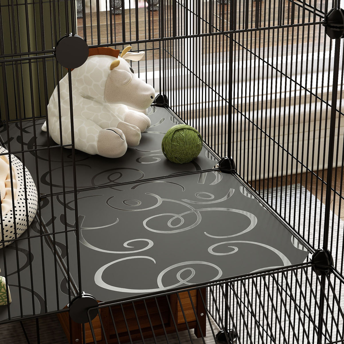 Enclos pour petits animaux, cage à lapin modulable 2 niveaux, 39 panneaux avec rampe, en acier, 140 x 70 x 105 cm, noir