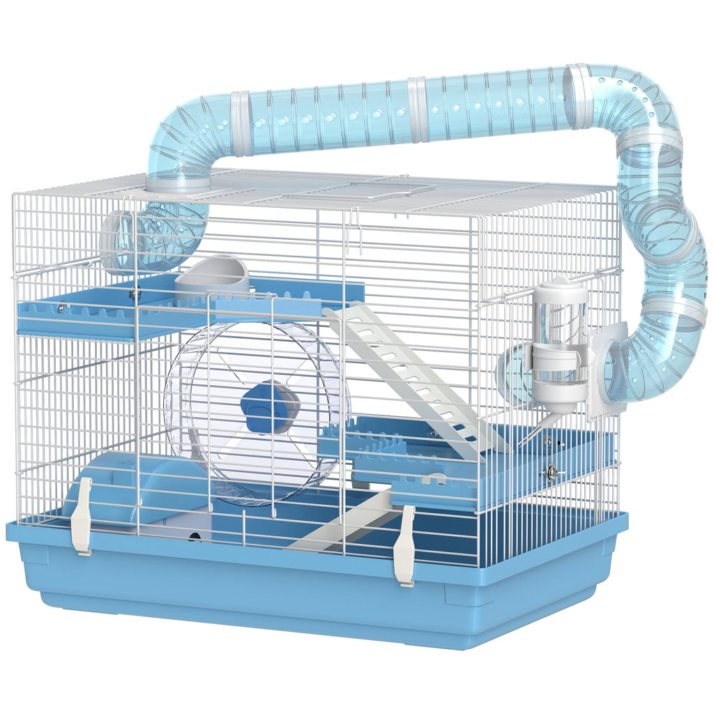 Cage pour hamster portable avec cabane, roue de course, gamelle, bouteille d'eau, 47,5 x 31,5 x 29,5 cm, bleu clair