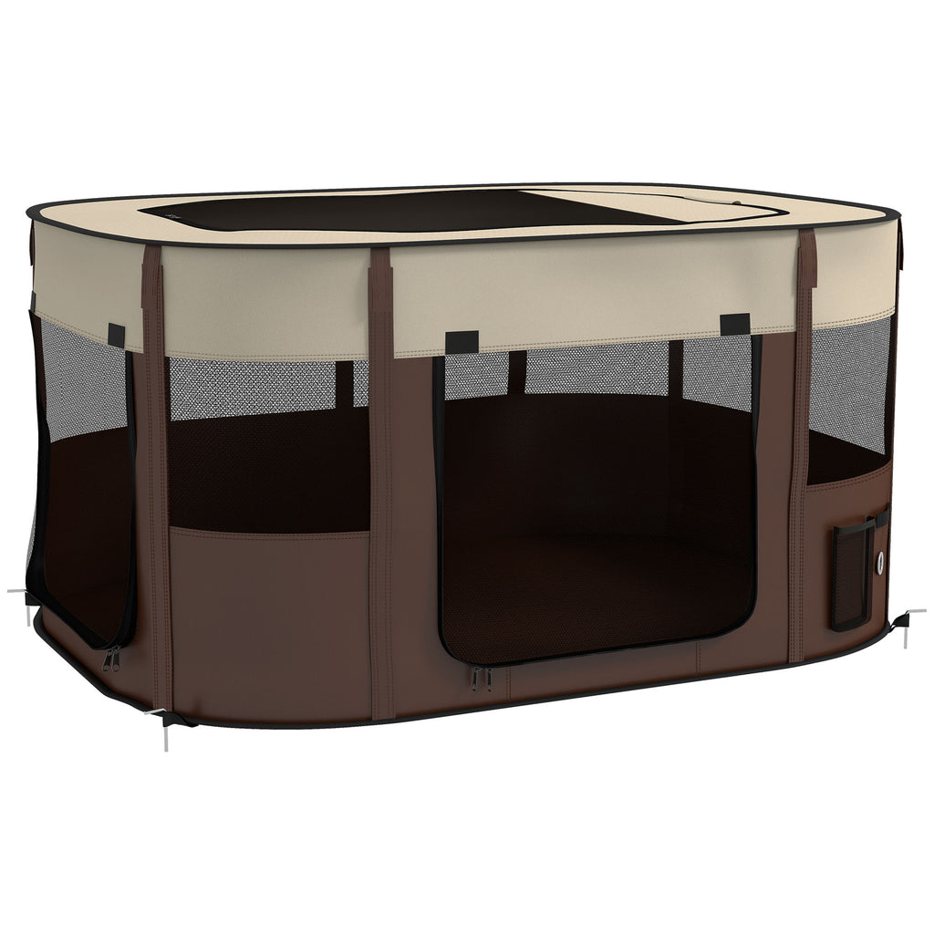 Parc pliable pour animaux de compagnie parc pour chiots en tissu Oxford avec fenêtres et portes sac de rangement marron