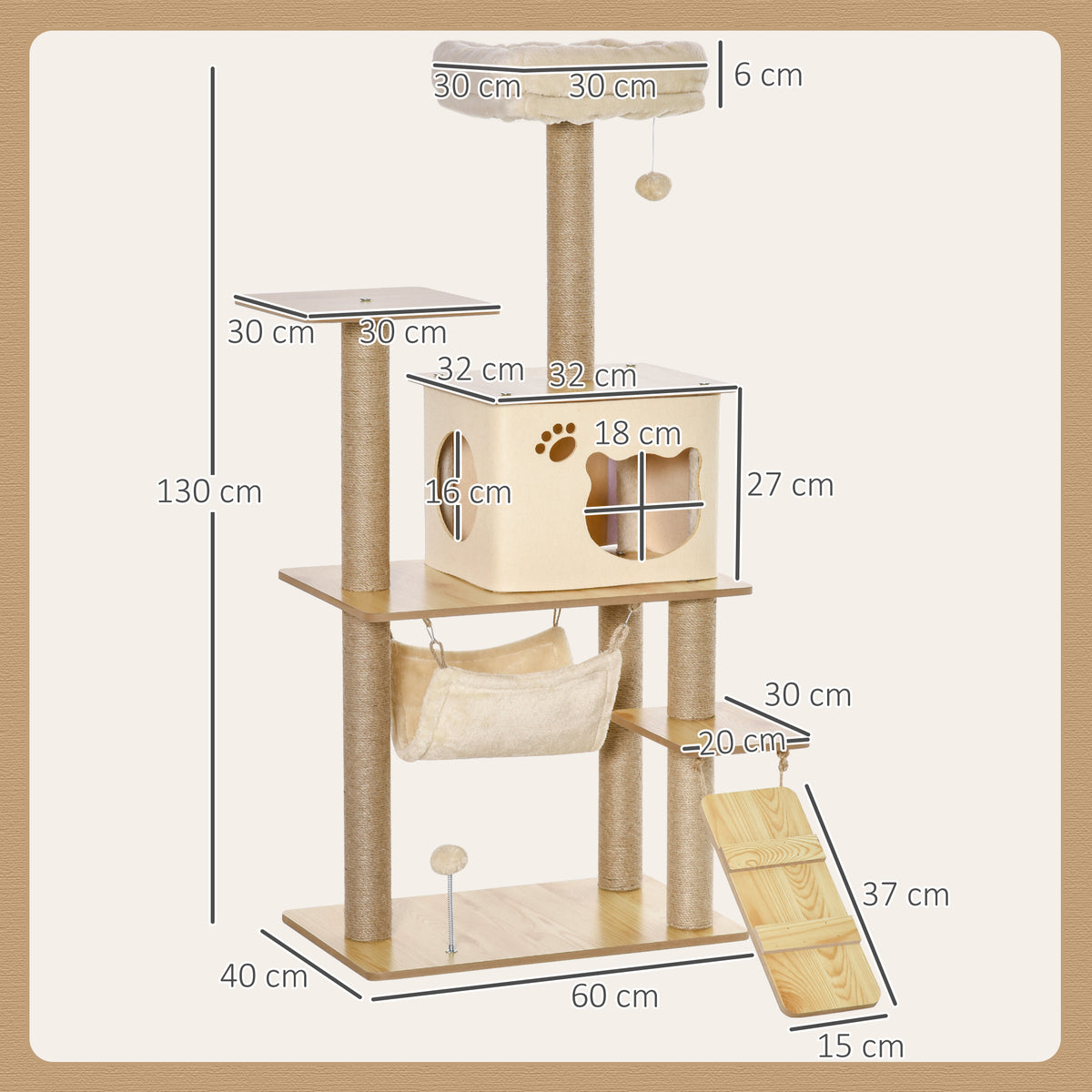 Arbre à chat tour de jeux pour chat, platesformes, niche, lit, hamac, échelle et griffoirs en jute 60x40x130cm jaune