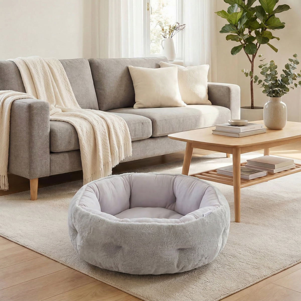 Lit pour chat réversible, lit pour chats d'intérieur et petits chiens, lit rond avec rebord de soutien, gris clair