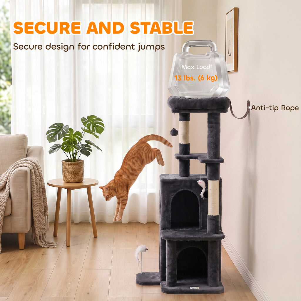 Arbre à Chat 4 Niveaux 132 cm, Niche, Lit, Plateforme, Poteaux à Griffer en Sisal, Jouets Suspendus, Gris Foncé