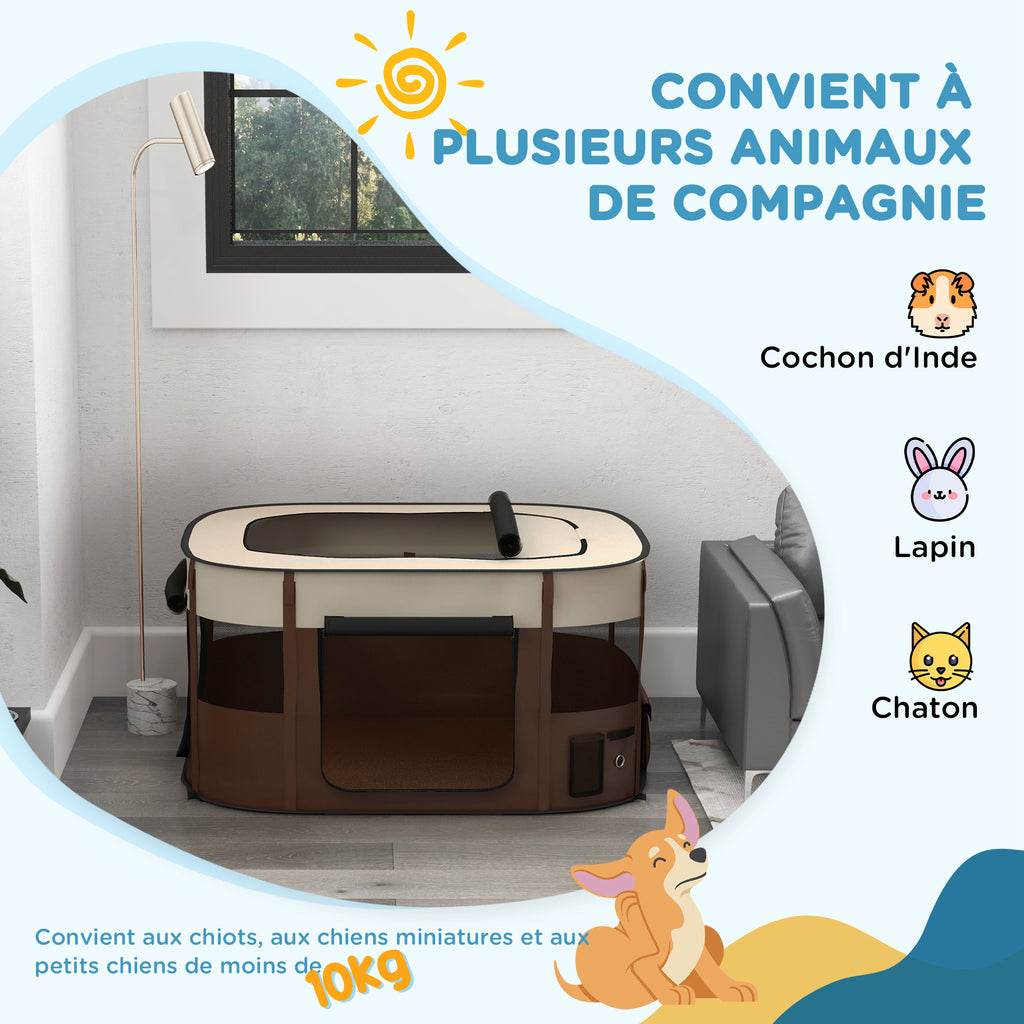 Parc pliable pour animaux de compagnie parc pour chiots en tissu Oxford avec fenêtres et portes sac de rangement marron