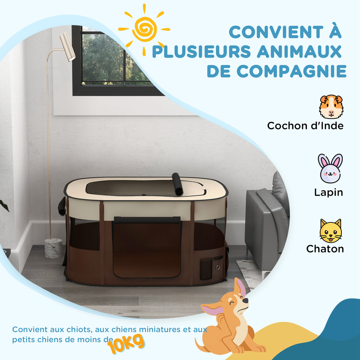 Parc pliable pour animaux de compagnie parc pour chiots en tissu Oxford avec fenêtres et portes sac de rangement marron