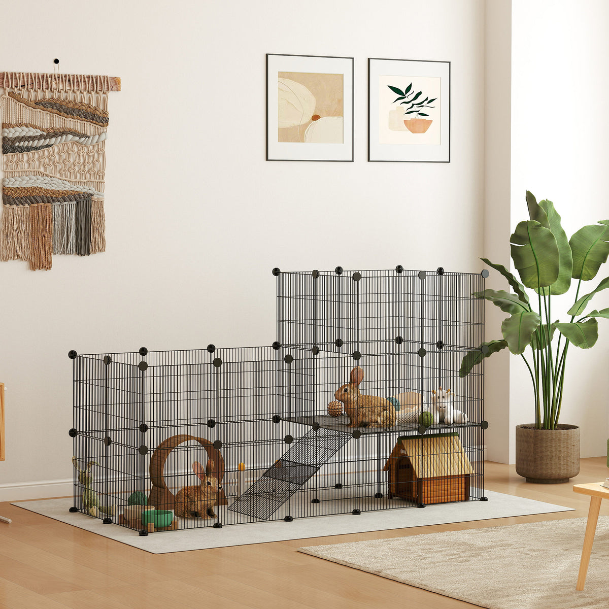 Enclos pour petits animaux, cage à lapin modulable 2 niveaux, 39 panneaux avec rampe, en acier, 140 x 70 x 105 cm, noir