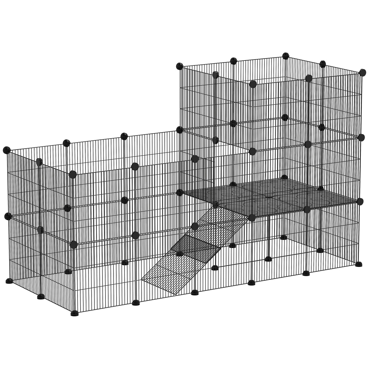 Enclos pour petits animaux, cage à lapin modulable 2 niveaux, 39 panneaux avec rampe, en acier, 140 x 70 x 105 cm, noir