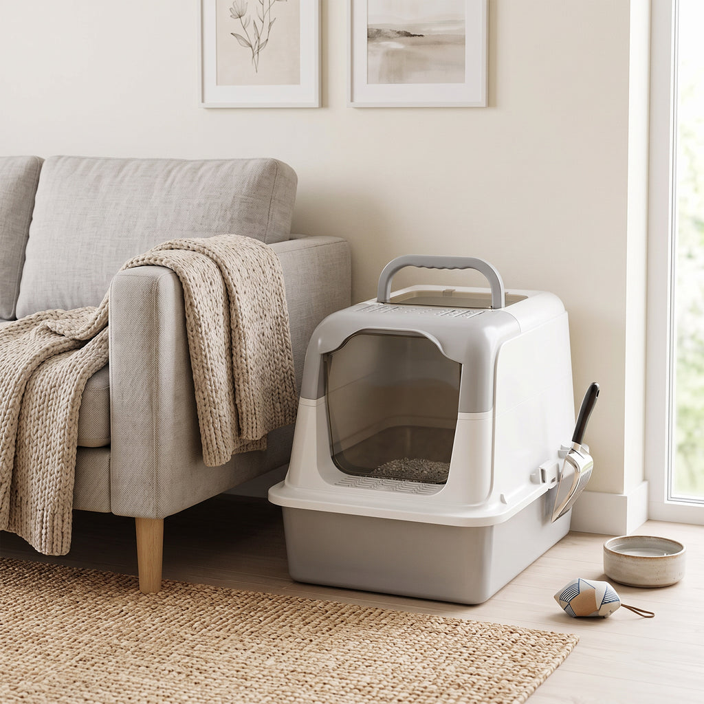 Maison de toilette pour chat bac à litière fermé bac acier inoxydable, nettoyage facile, 60,4 x 40,4 x 41,8 cm, blanc